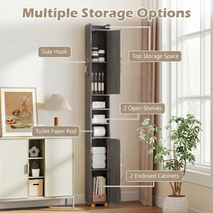 Narrow Bathroom Storage Cabinet with Open Shelves and Toilet Paper Holder-Gray view 8