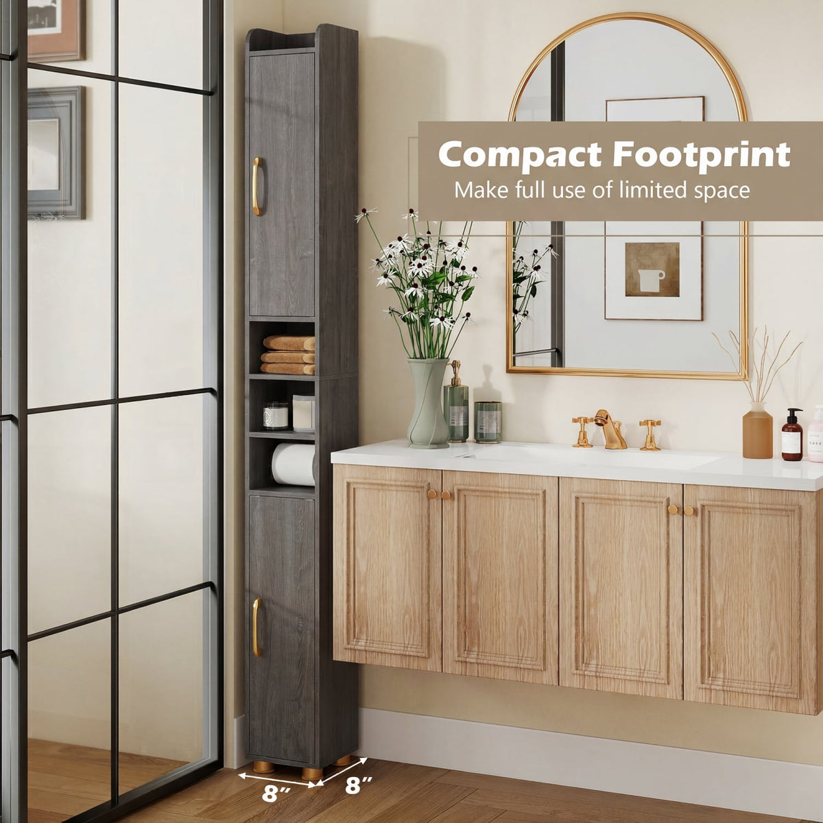 Narrow Bathroom Storage Cabinet with Open Shelves and Toilet Paper Holder-Gray view 9