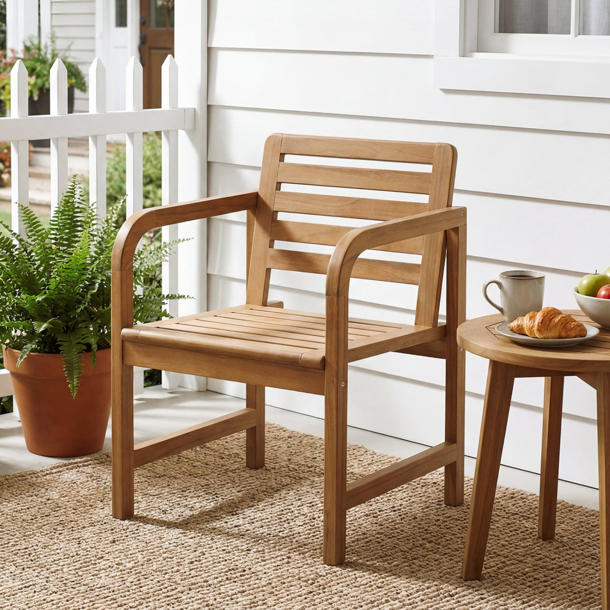 Natural Wood Patio Armchair with Slanted Back and Slatted Seat view 2