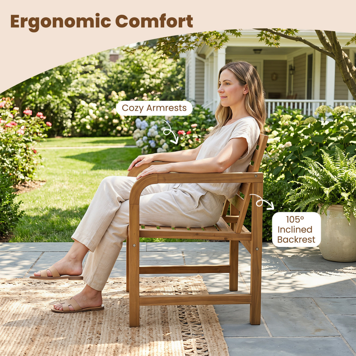 Natural Wood Patio Armchair with Slanted Back and Slatted Seat view 8