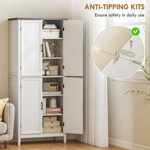 70" Tall Kitchen Storage Cabinet Modern Farmhouse Pantry Cabinet with 4 Chevron Doors and 4 Adjustable Shelves, White