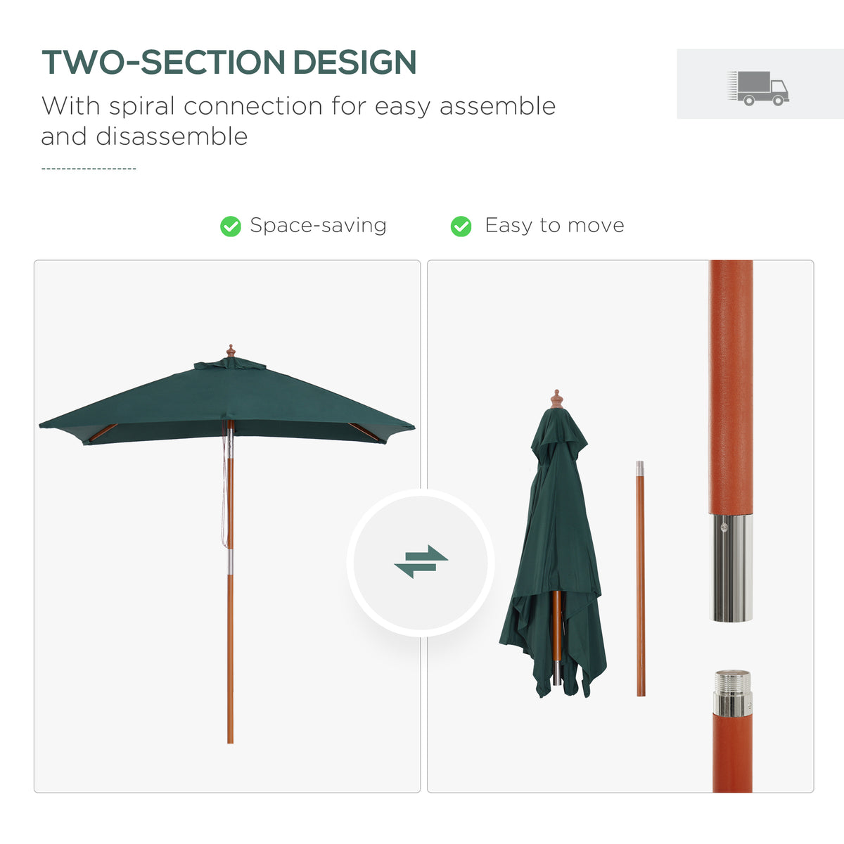 6.6x5ft Square Market Parasol, Wooden Patio Umbrella with Tilt Mechanism and 6 Bamboo Ribs – view 13