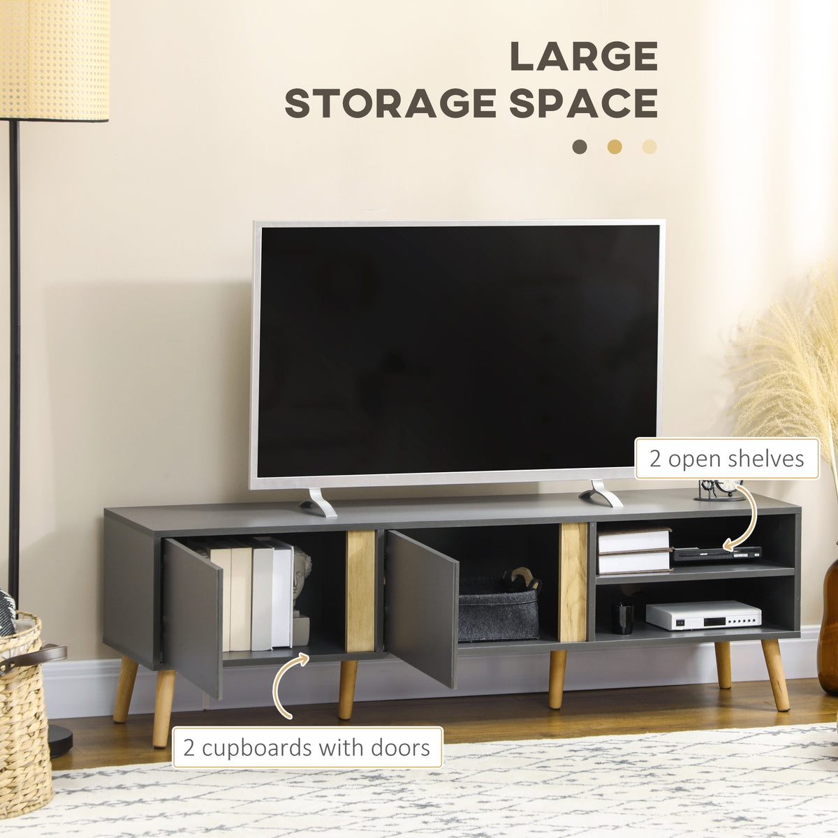 TV Stand for TVs up to 55", TV Cabinet with Shelves and Cable Holes, Entertainment Unit for Living Room, Dark Grey