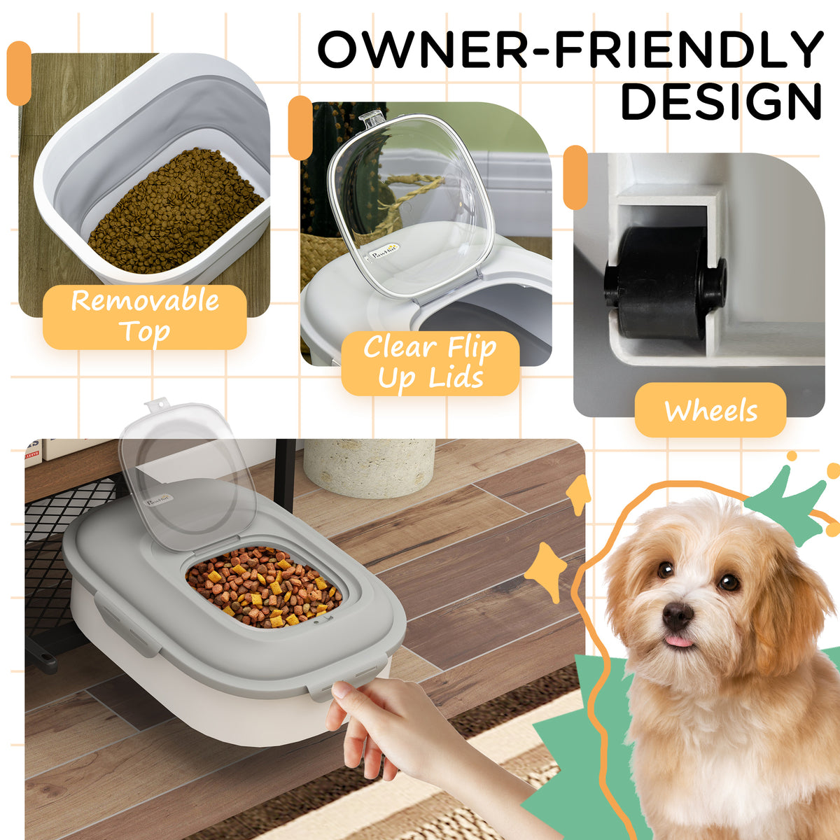 6-30lb Dog Food Storage Container Collapsible Design with Airtight Lids, Rolling Wheels, Cup, Bowl, Spoon, Grey