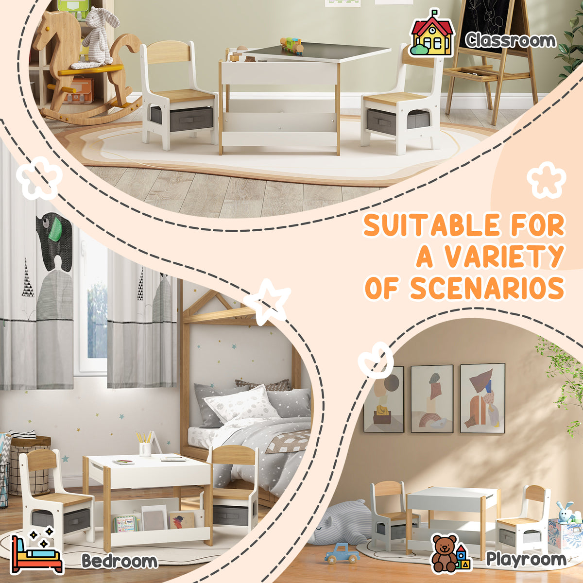 Qaba 3 Piece Kids Table and Chair Set with Reversible Tabletop, Blackboard, Storage, Bookshelf, for Playroom, Nursery