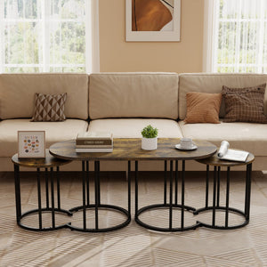 Nesting Coffee Table Set of 3 with Faux Marble Tabletop and Powder-coated Gold Metal Frame-Rustic Brown view 2