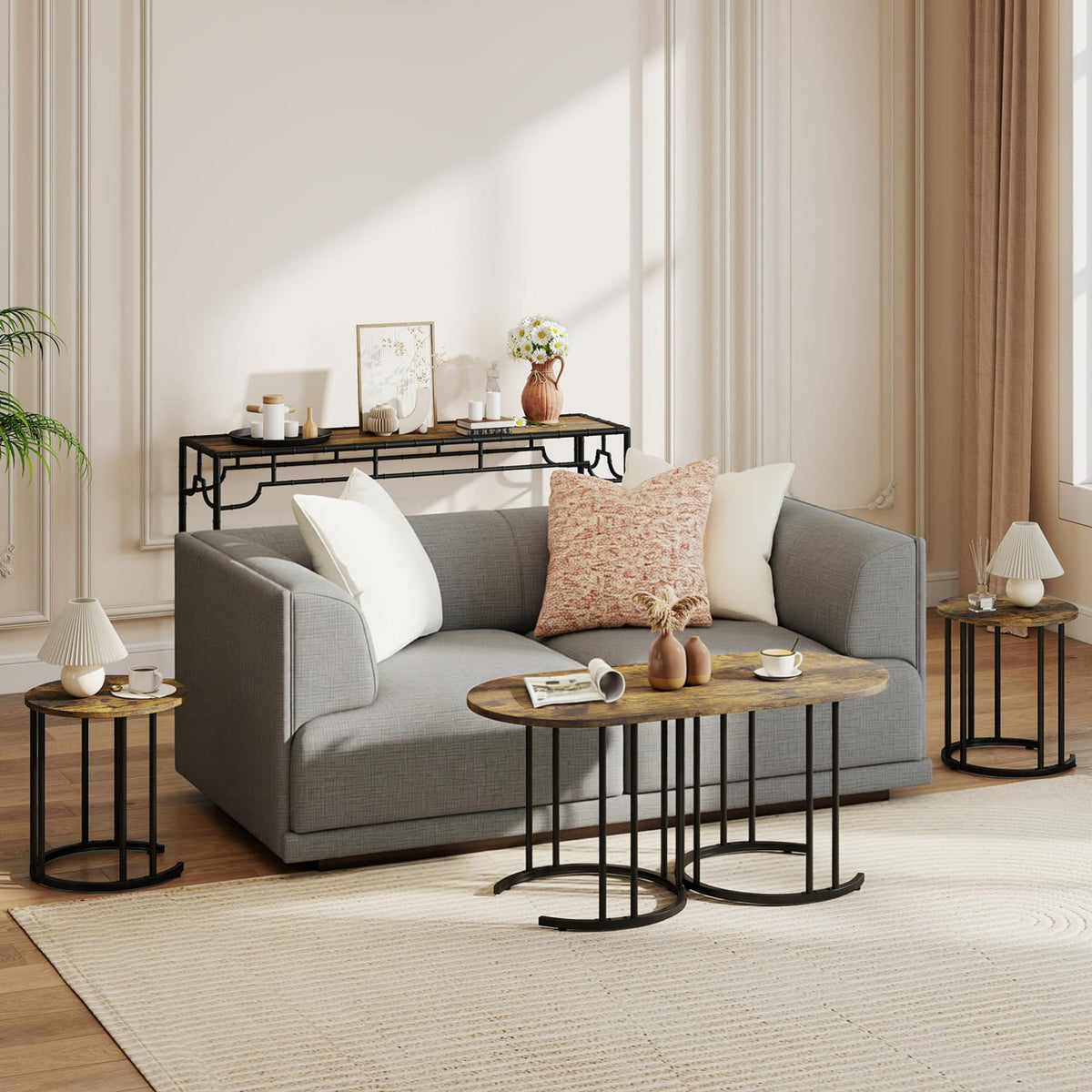 Nesting Coffee Table Set of 3 with Faux Marble Tabletop and Powder-coated Gold Metal Frame-Rustic Brown view 3