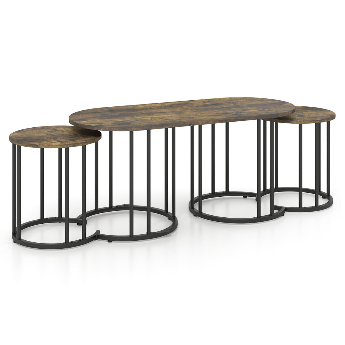 Nesting Coffee Table Set of 3 with Faux Marble Tabletop and Powder-coated Gold Metal Frame-Rustic Brown view 4