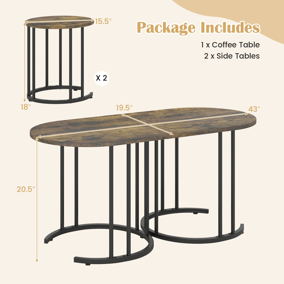Nesting Coffee Table Set of 3 with Faux Marble Tabletop and Powder-coated Gold Metal Frame-Rustic Brown view 5