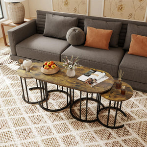 Nesting Coffee Table Set of 3 with Faux Marble Tabletop and Powder-coated Gold Metal Frame-Rustic Brown view 6