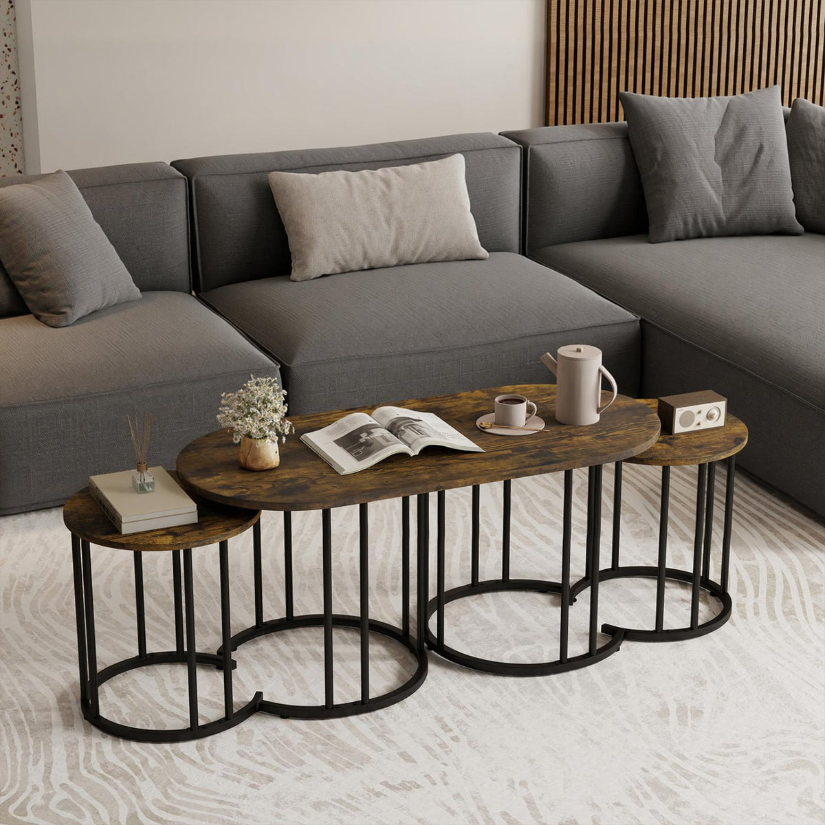 Nesting Coffee Table Set of 3 with Faux Marble Tabletop and Powder-coated Gold Metal Frame-Rustic Brown view 7