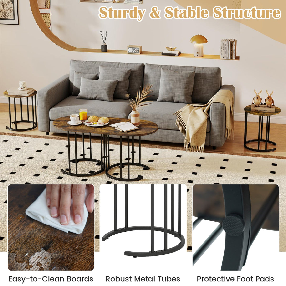 Nesting Coffee Table Set of 3 with Faux Marble Tabletop and Powder-coated Gold Metal Frame-Rustic Brown view 8