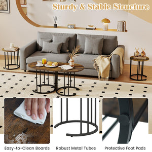 Nesting Coffee Table Set of 3 with Faux Marble Tabletop and Powder-coated Gold Metal Frame-Rustic Brown view 8
