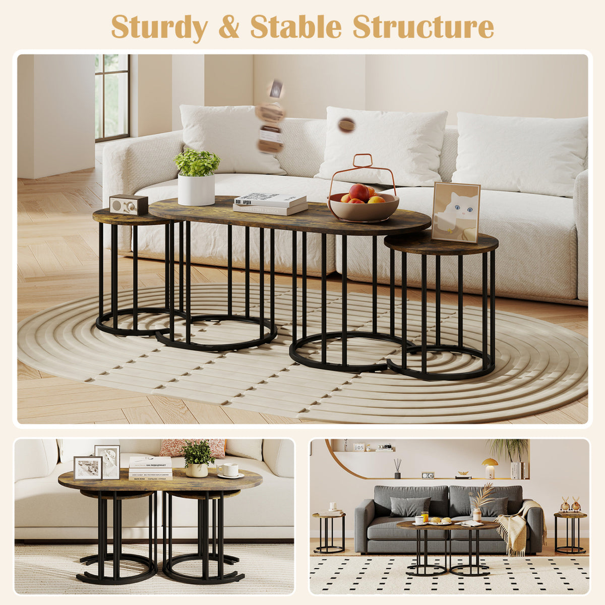 Nesting Coffee Table Set of 3 with Faux Marble Tabletop and Powder-coated Gold Metal Frame-Rustic Brown view 9