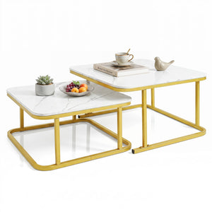 Nesting Coffee Table Set of 2 with Faux Marble Top and Metal Frame-White