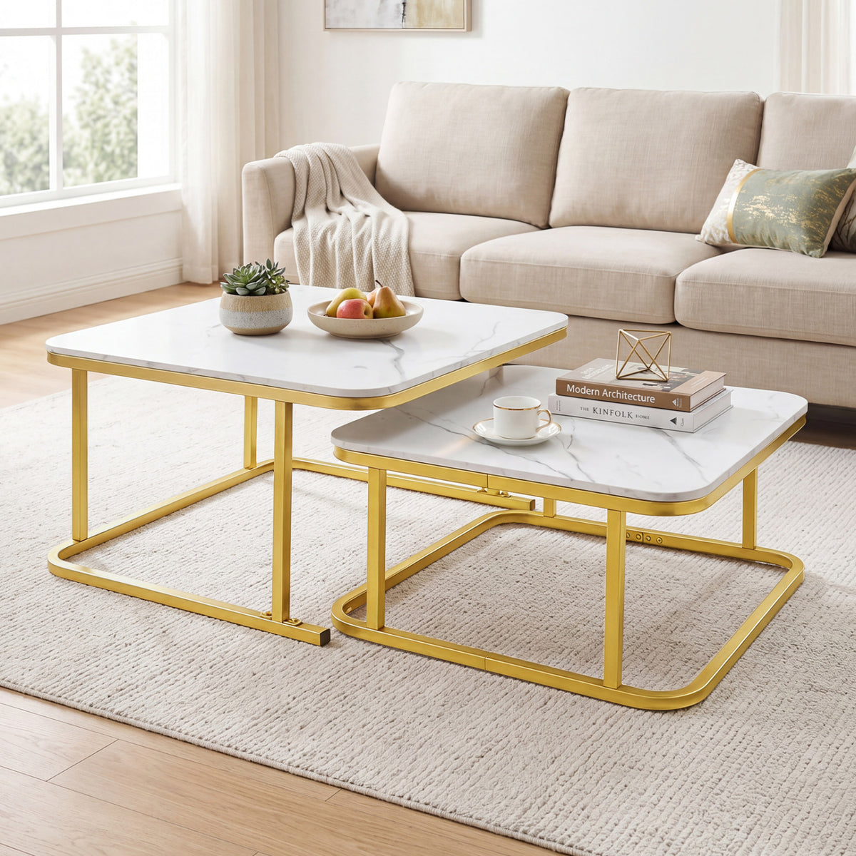 Nesting Coffee Table Set of 2 with Faux Marble Top and Metal Frame-White view 3