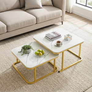 Nesting Coffee Table Set of 2 with Faux Marble Top and Metal Frame-White view 2