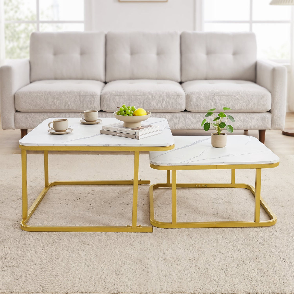 Nesting Coffee Table Set of 2 with Faux Marble Top and Metal Frame-White view 6