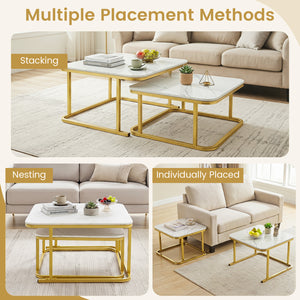 Nesting Coffee Table Set of 2 with Faux Marble Top and Metal Frame-White view 7