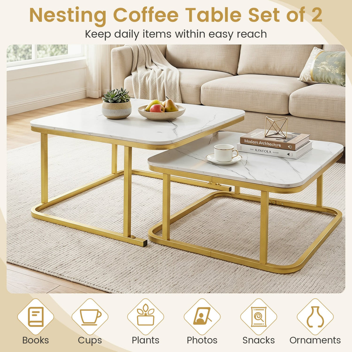 Nesting Coffee Table Set of 2 with Faux Marble Top and Metal Frame-White view 8