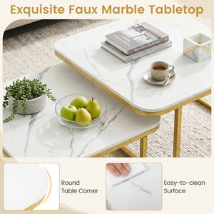 Nesting Coffee Table Set of 2 with Faux Marble Top and Metal Frame-White view 9