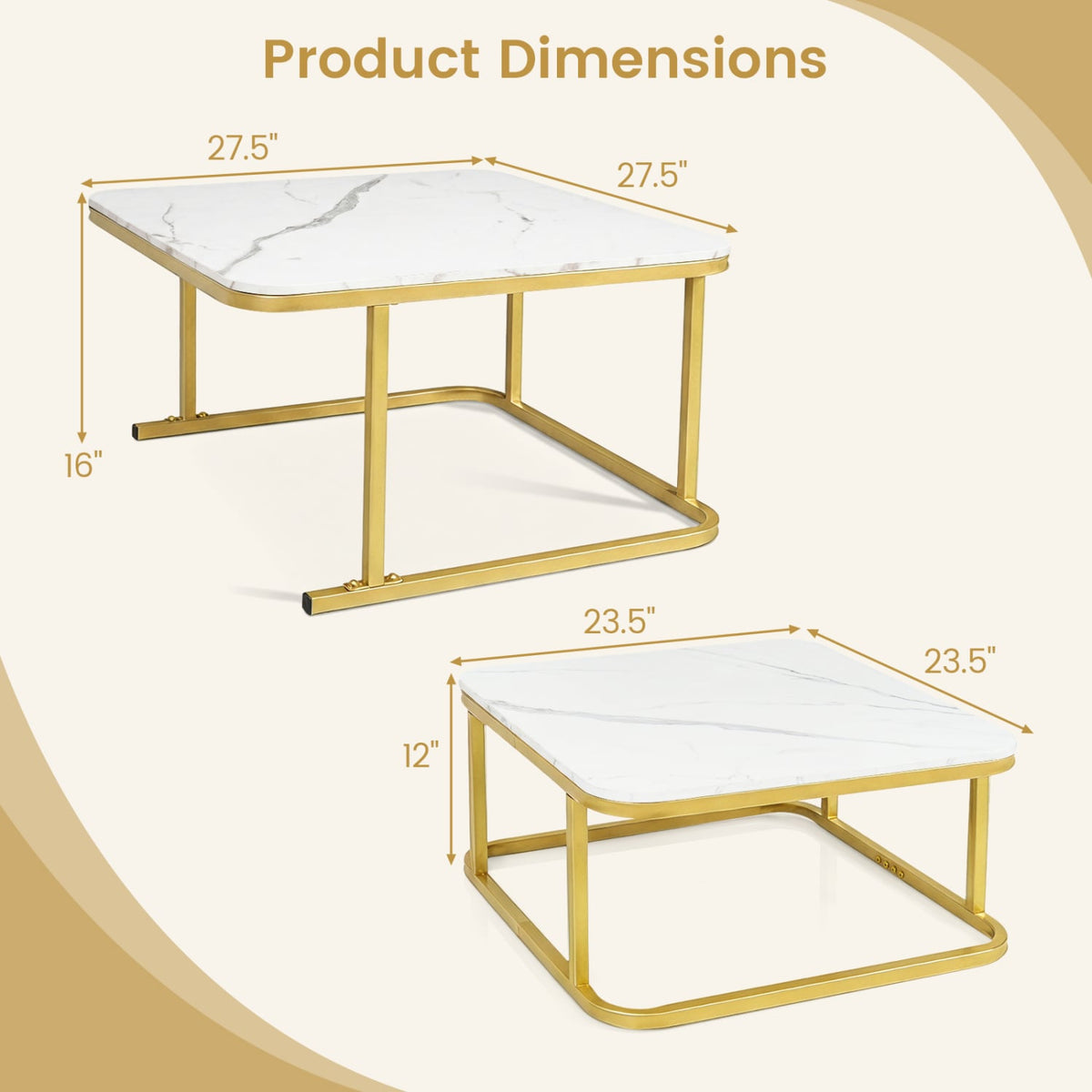 Nesting Coffee Table Set of 2 with Faux Marble Top and Metal Frame-White view 5