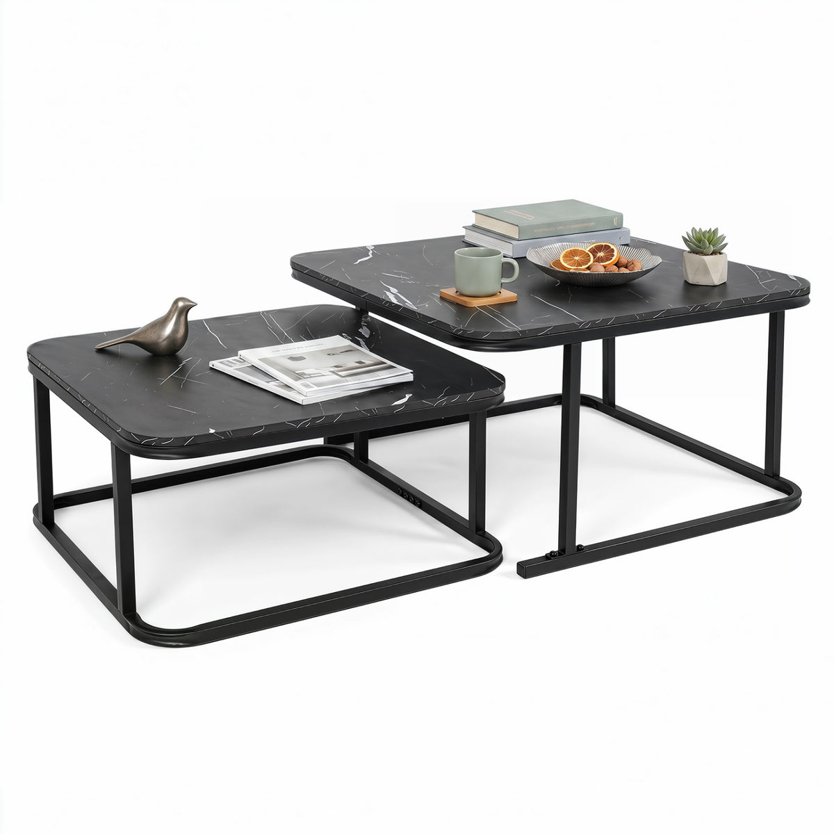 Nesting Coffee Table Set of 2 with Faux Marble Top and Metal Frame-Black