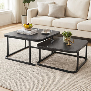 Nesting Coffee Table Set of 2 with Faux Marble Top and Metal Frame-Black view 3