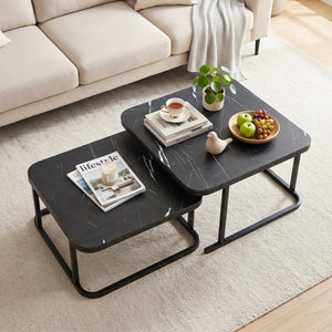 Nesting Coffee Table Set of 2 with Faux Marble Top and Metal Frame-Black view 2