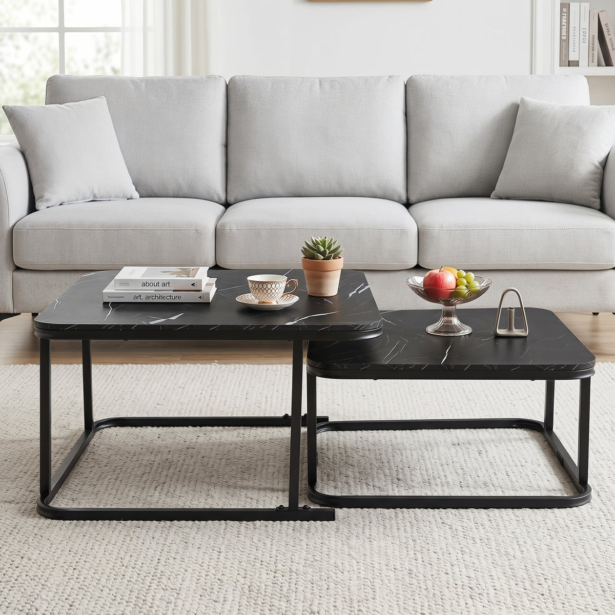 Nesting Coffee Table Set of 2 with Faux Marble Top and Metal Frame-Black view 6