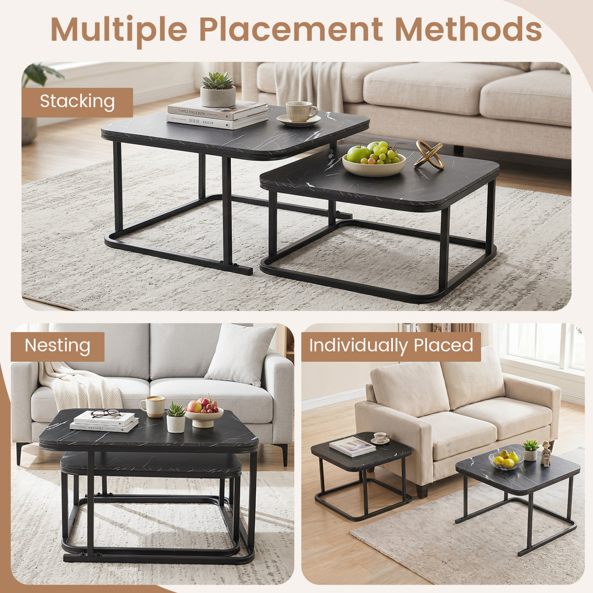 Nesting Coffee Table Set of 2 with Faux Marble Top and Metal Frame-Black view 7