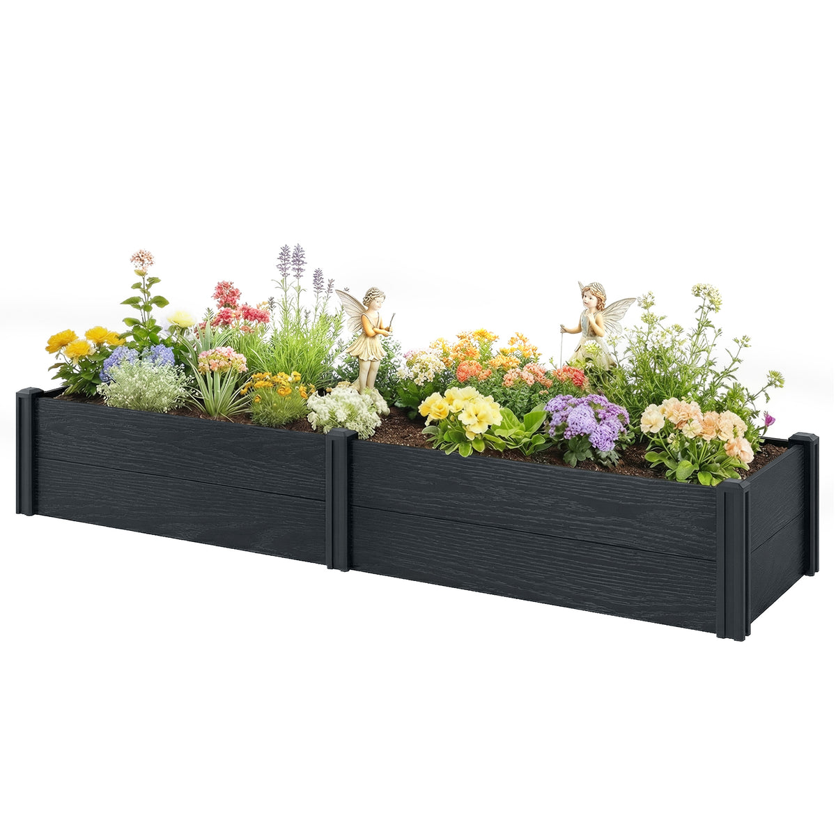 Vinyl Raised Garden Bed Kit, 6.5 x 2 x 1ft Elevated Garden Box with Divider and Open Bottom, Grey Wood Effect