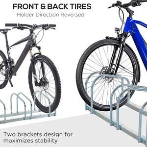 5-Bike Bicycle Floor Parking Rack Cycling Storage Stand Ground Mount Garage Organizer for Indoor and Outdoor Use Silver