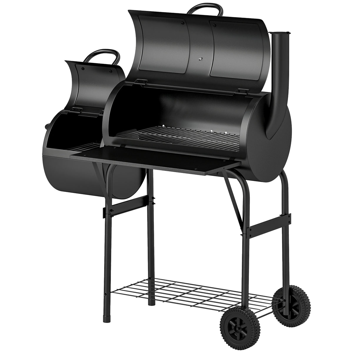Portable Outdoor Charcoal BBQ Grill with Offset Smoker, Barbecue Grill with Spacious Cooking Area, 2 Shelves, Thermometer, Wheels for Patio Backyard Party, Black