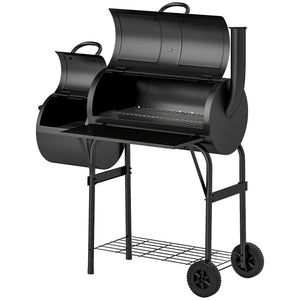 Portable Outdoor Charcoal BBQ Grill with Offset Smoker, Barbecue Grill with Spacious Cooking Area, 2 Shelves, Thermometer, Wheels for Patio Backyard Party, Black