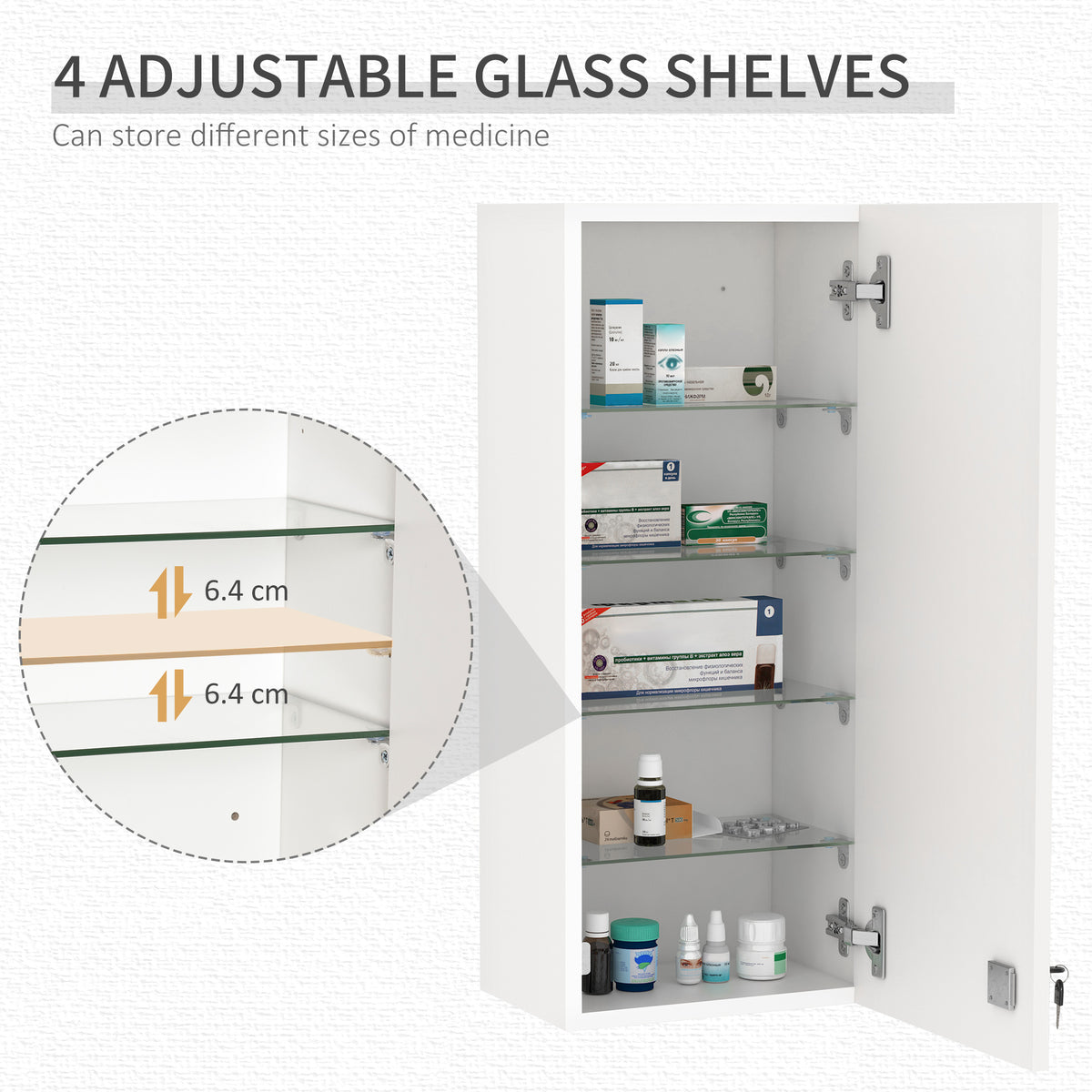 Wall Mount Medicine Cabinet, 5-tier Lockable Bathroom Cabinet with 2 Keys and Adjustable Shelves, White