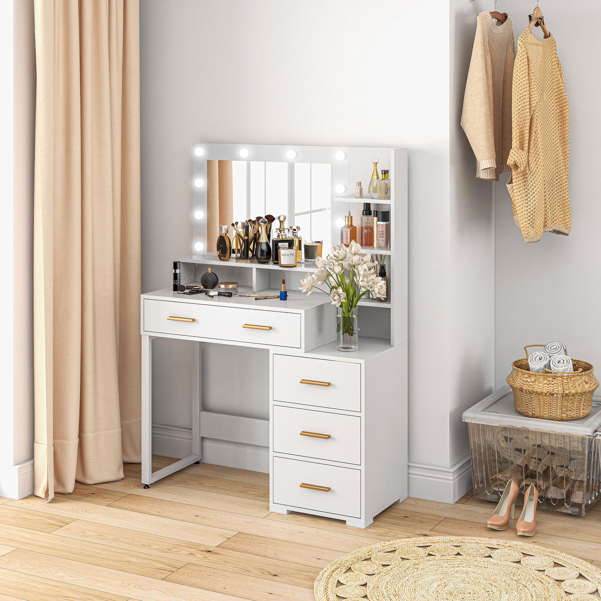 Illuminated Dresssing Table, LED Vanity Table with Mirror, Drawer and Storage Shelves for Bedroom, White