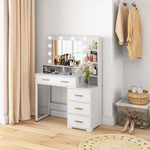 Illuminated Dresssing Table, LED Vanity Table with Mirror, Drawer and Storage Shelves for Bedroom, White