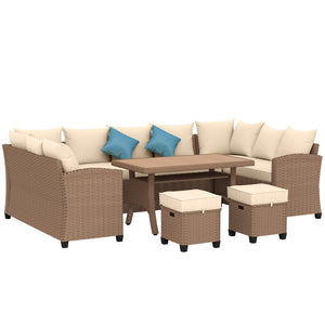 6 Pieces Patio Furniture Set, Outdoor Wicker Sofa Set, All Weather PE Rattan Conversation Furniture, with Strip Wood Grain Plastic Coffee Table & Cushions, Khaki