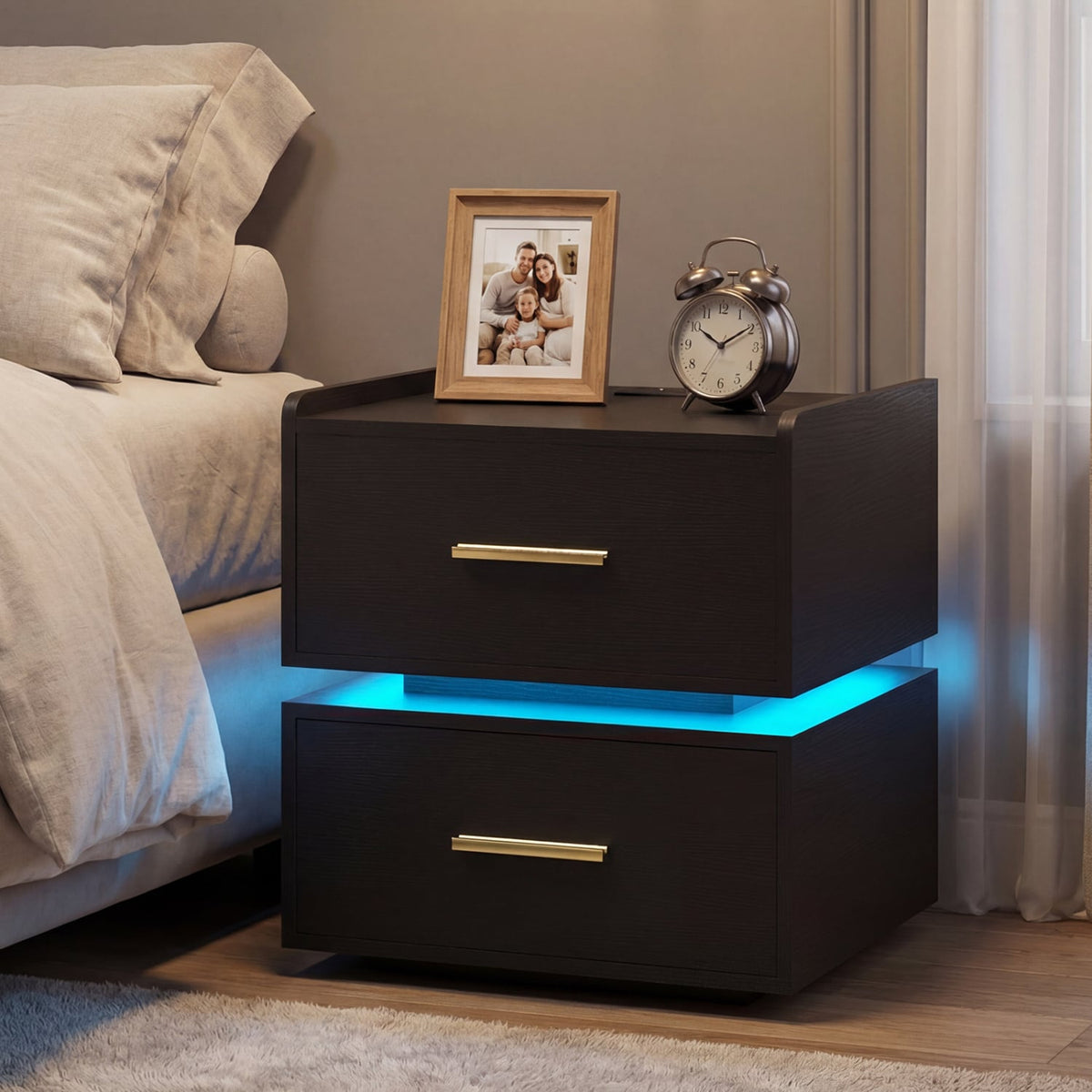 Nightstand with Charging Station LED Bedside Table with 2 Storage Drawers-Black view 2