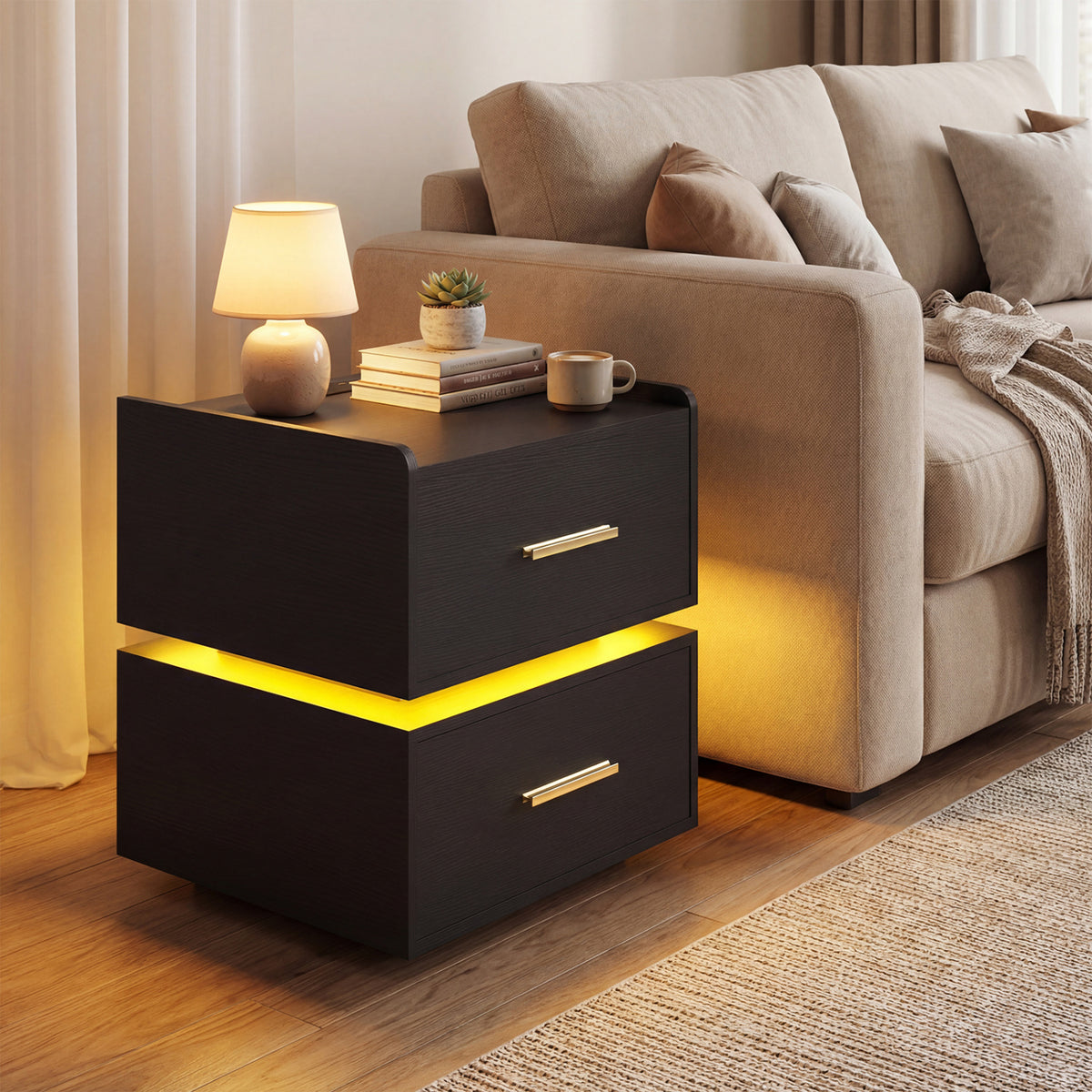 Nightstand with Charging Station LED Bedside Table with 2 Storage Drawers-Black view 3