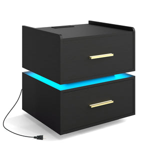 Nightstand with Charging Station LED Bedside Table with 2 Storage Drawers-Black view 4
