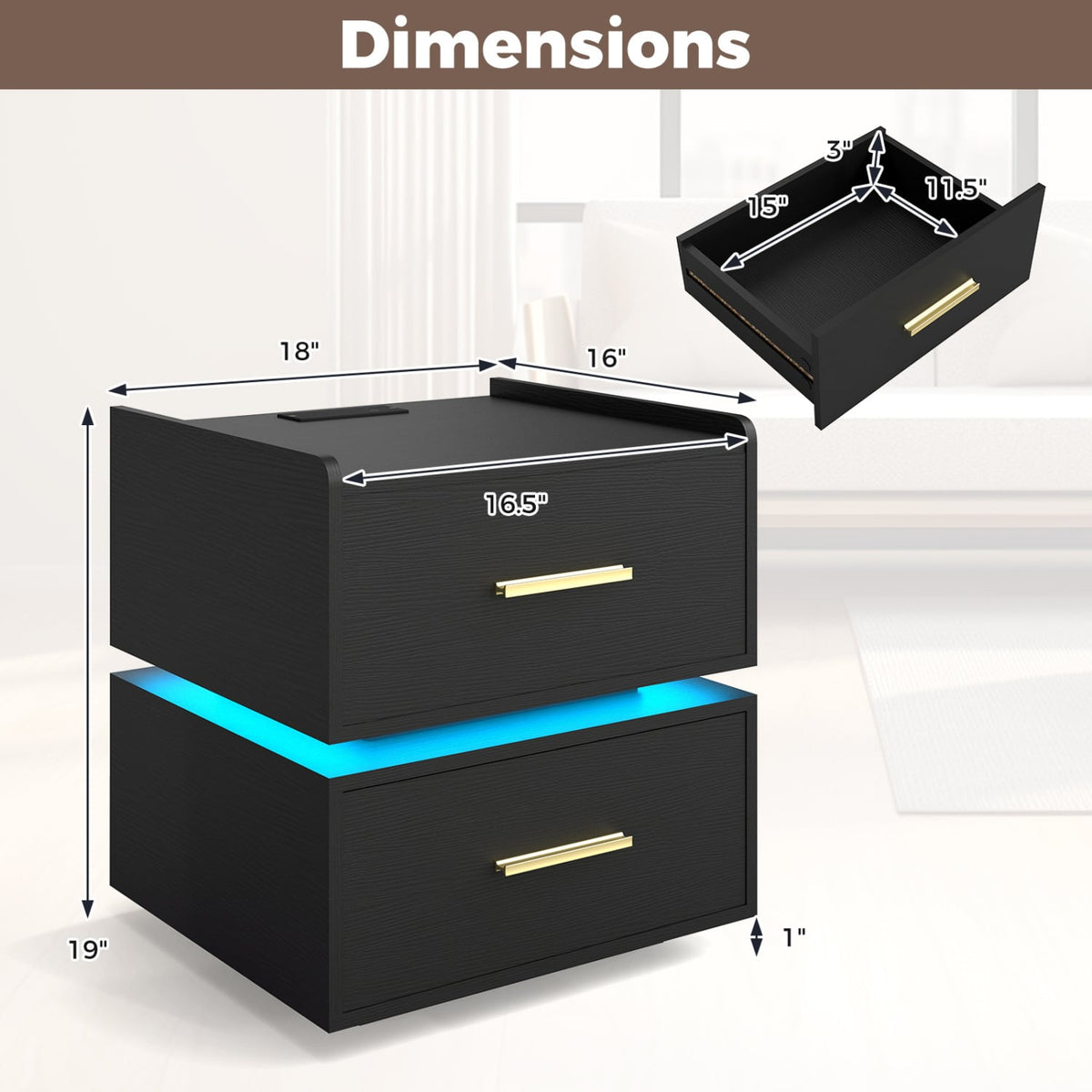 Nightstand with Charging Station LED Bedside Table with 2 Storage Drawers-Black view 5