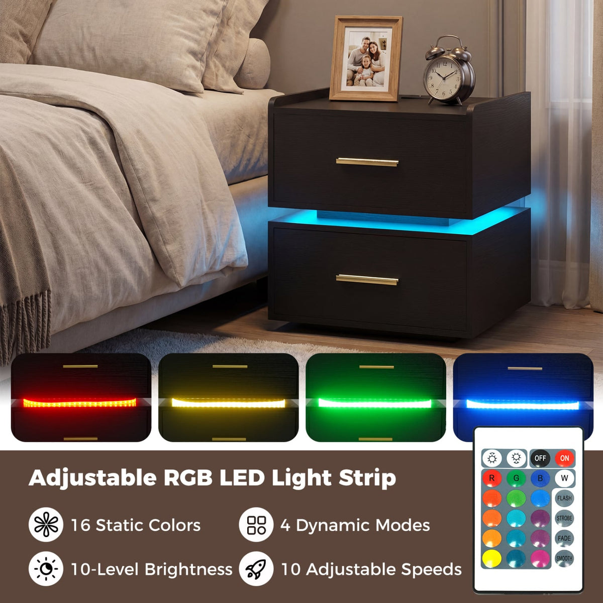Nightstand with Charging Station LED Bedside Table with 2 Storage Drawers-Black view 6
