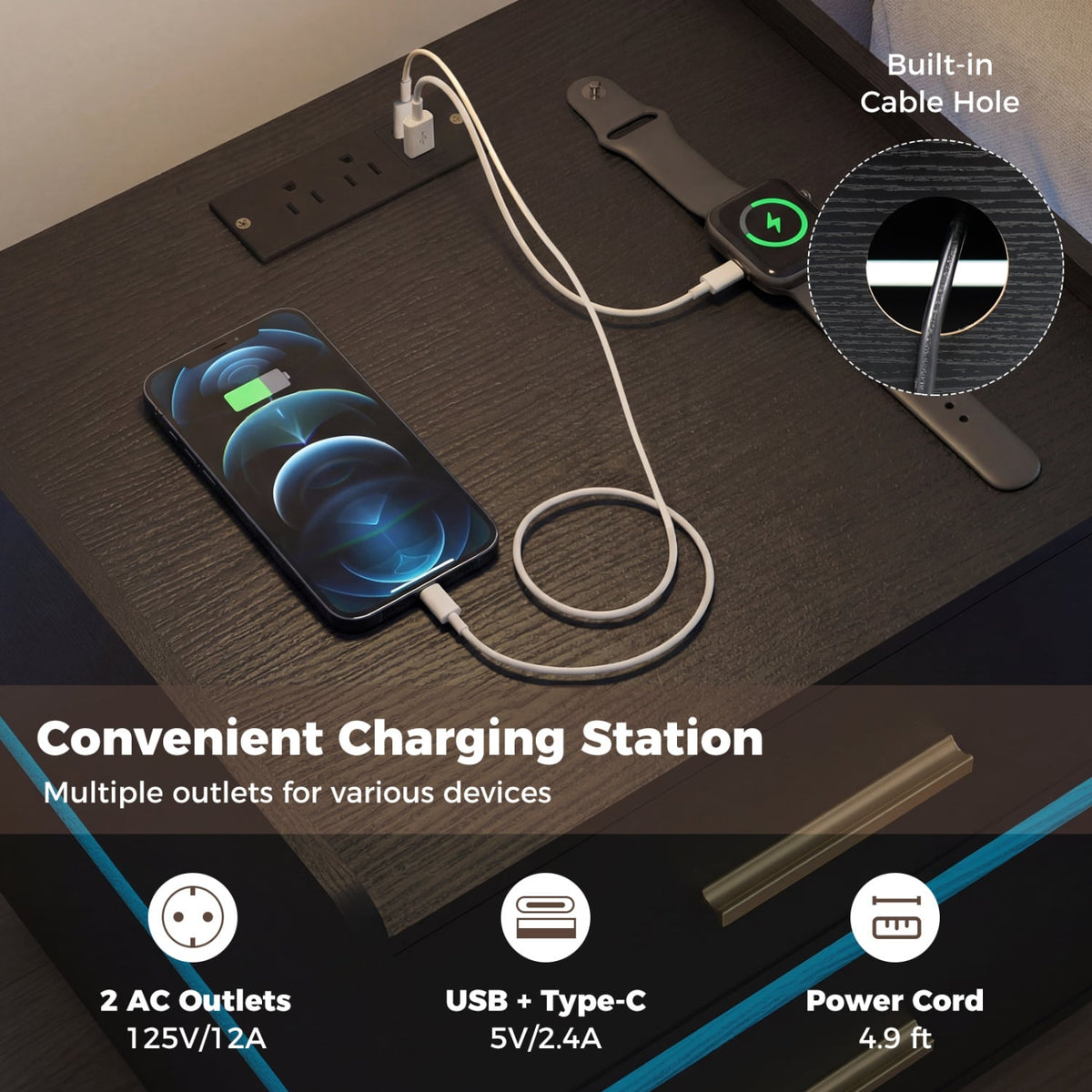 Nightstand with Charging Station LED Bedside Table with 2 Storage Drawers-Black view 7