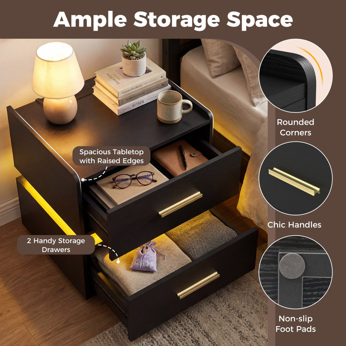 Nightstand with Charging Station LED Bedside Table with 2 Storage Drawers-Black view 8