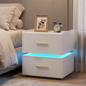 Nightstand with Charging Station LED Bedside Table with 2 Storage Drawers-White view 2