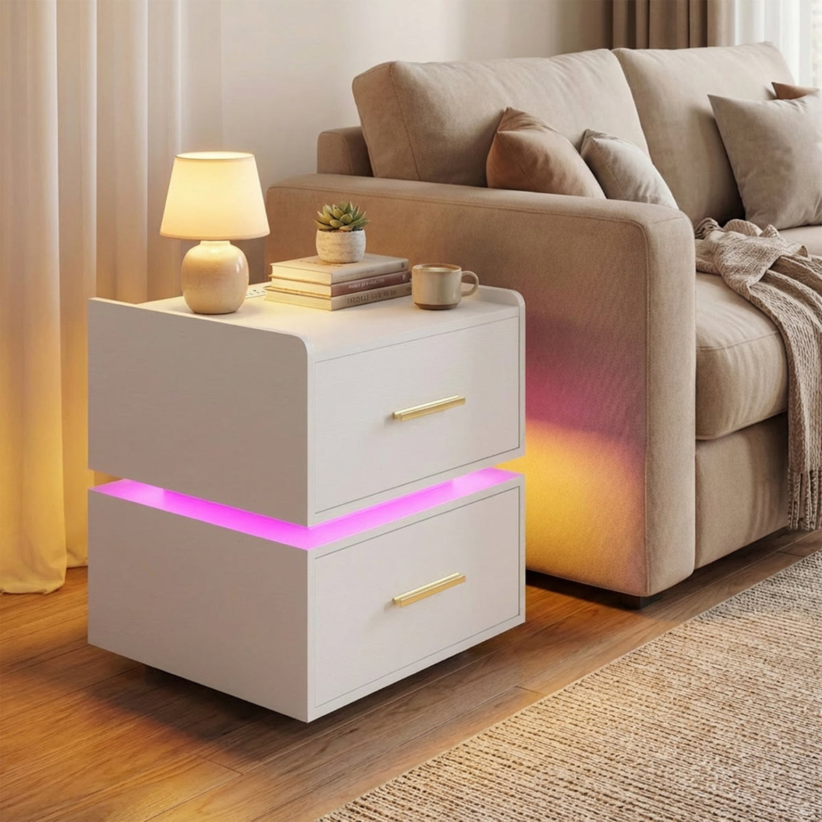Nightstand with Charging Station LED Bedside Table with 2 Storage Drawers-White view 3