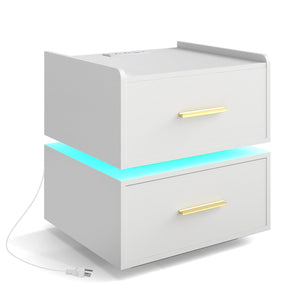 Nightstand with Charging Station LED Bedside Table with 2 Storage Drawers-White view 4
