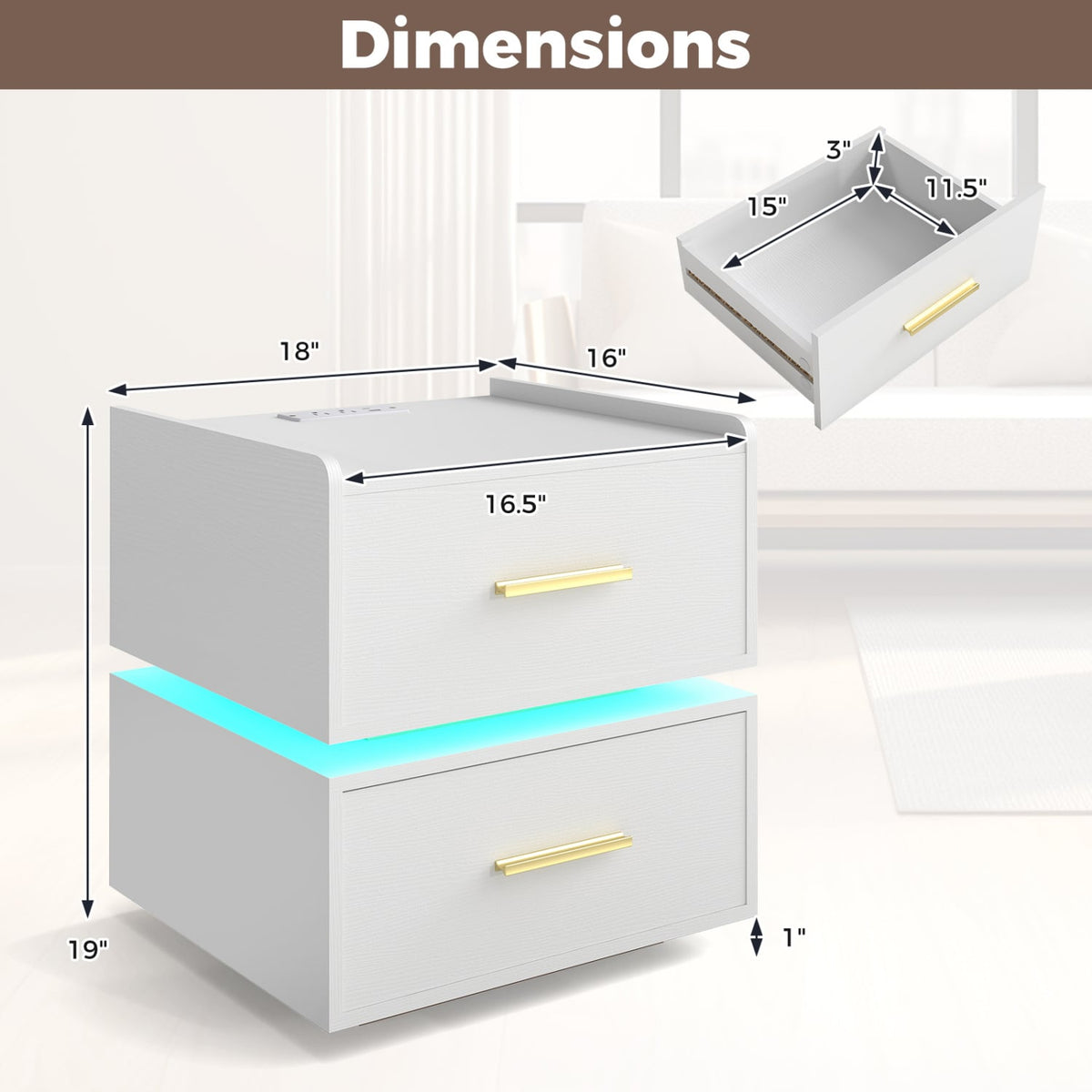 Nightstand with Charging Station LED Bedside Table with 2 Storage Drawers-White view 5